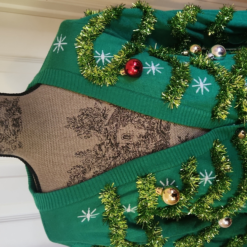 V-neck Ugly Christmas Sweater w/ Ornaments, Bells, and Tinsel
